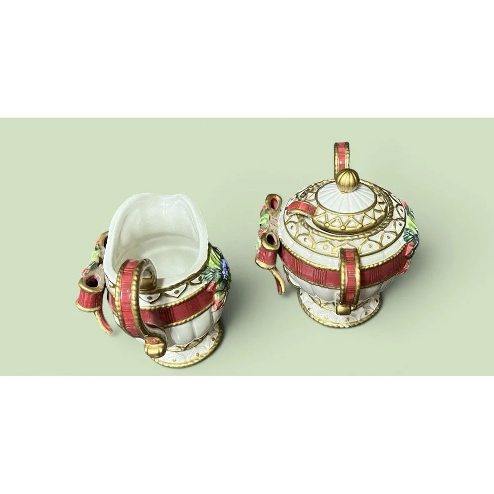Fitz & Floyd Christmas Deer Creamer Sugar Bowl Spoon Red Bow Ribbon Tassel VTG